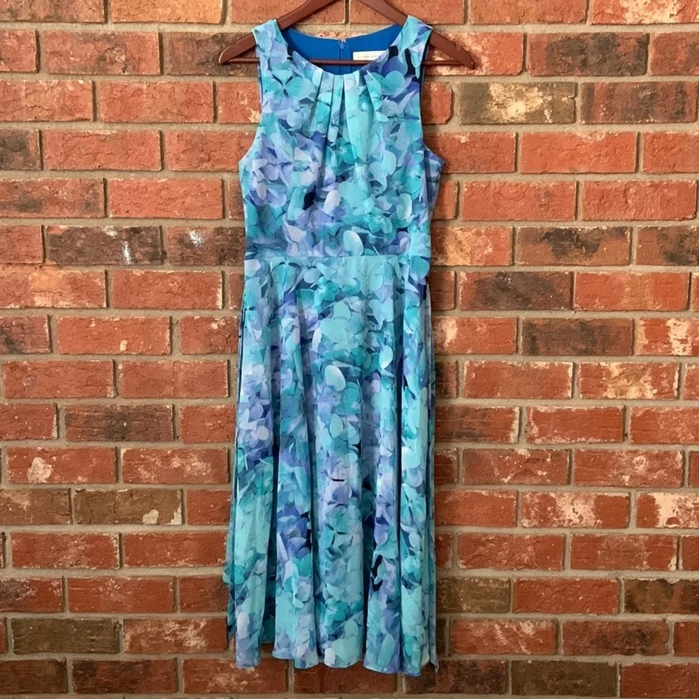 Christopher & Banks Blue Floral Watercolor Midi Belted Dress - Picture 1 of 7
